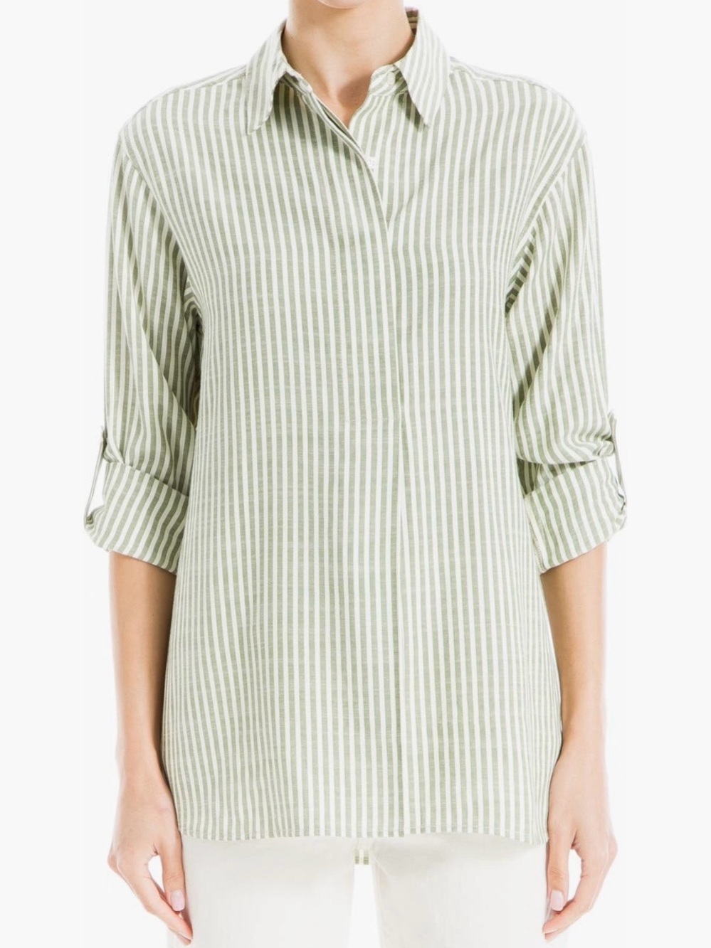 MAX STUDIO Stripe Oversize Long Sleeve Button-Up Tunic in green/ivory Sz M - Picture 2 of 15